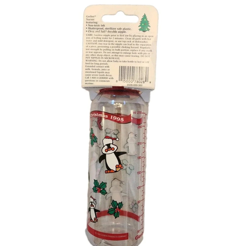 Vtg NOS Gerber Baby Bottle 9 oz. Christmas Nurser Penguin Santas Green Nipple 95